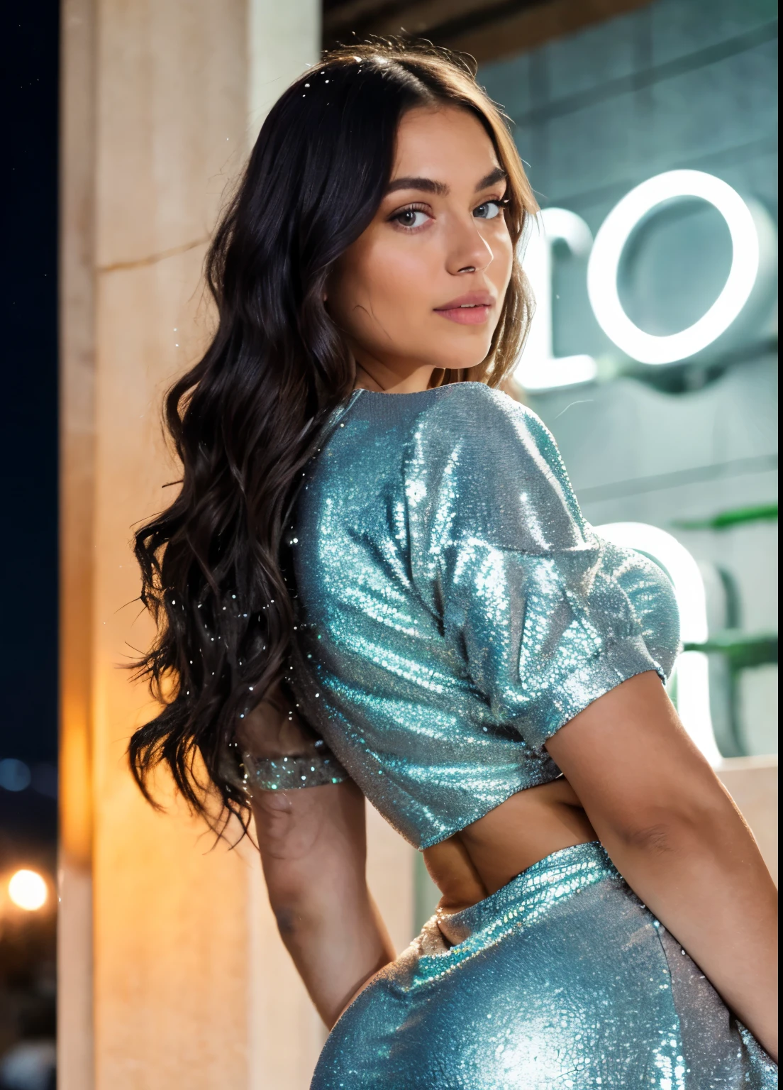 snowing outside, at a new years party, wearing a silver glittery dress, neon lights, moody, night time, neon signs, torso is visible, legs are visible, detailed legs, 26 years old, wavy dark hair, very detailed, light eyes, light green eyes, high-res, masterpiece, best quality, intricate details, sharp focus, detailed skin, realistic skin texture, detailed eyes, professional, 4k, canon shooting, perfect fit body, extremely detailed, photo realistic, real life, photo taken from at least 30 feet away, high aperture photo