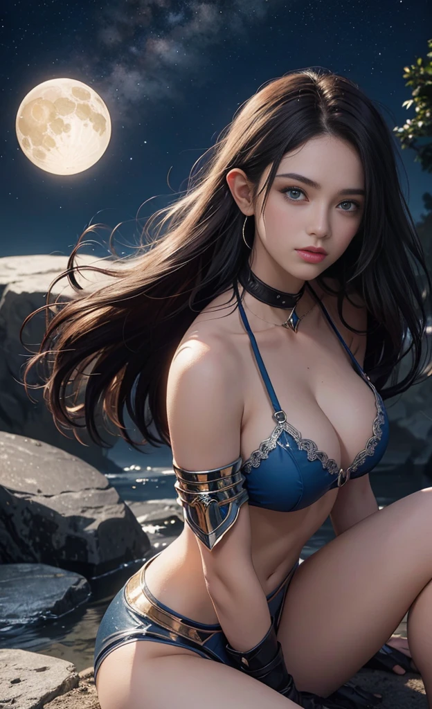 the hair，Nice face，blue bikini armor，Heterochromatic pupil，fully body photo，half moon，under moonlight，(tmasterpiece:1.1),(Best quality:1.1),(HighDynamicRange:1),ambient light,Super girl, mystical elf, looking into crystal ball, holding mysteries, showing a microcosm space, stars, unique, huge breasts, cleavage, candlelight, dark background, atmosphere of mystery, smoke, subtle multicolored lighting,