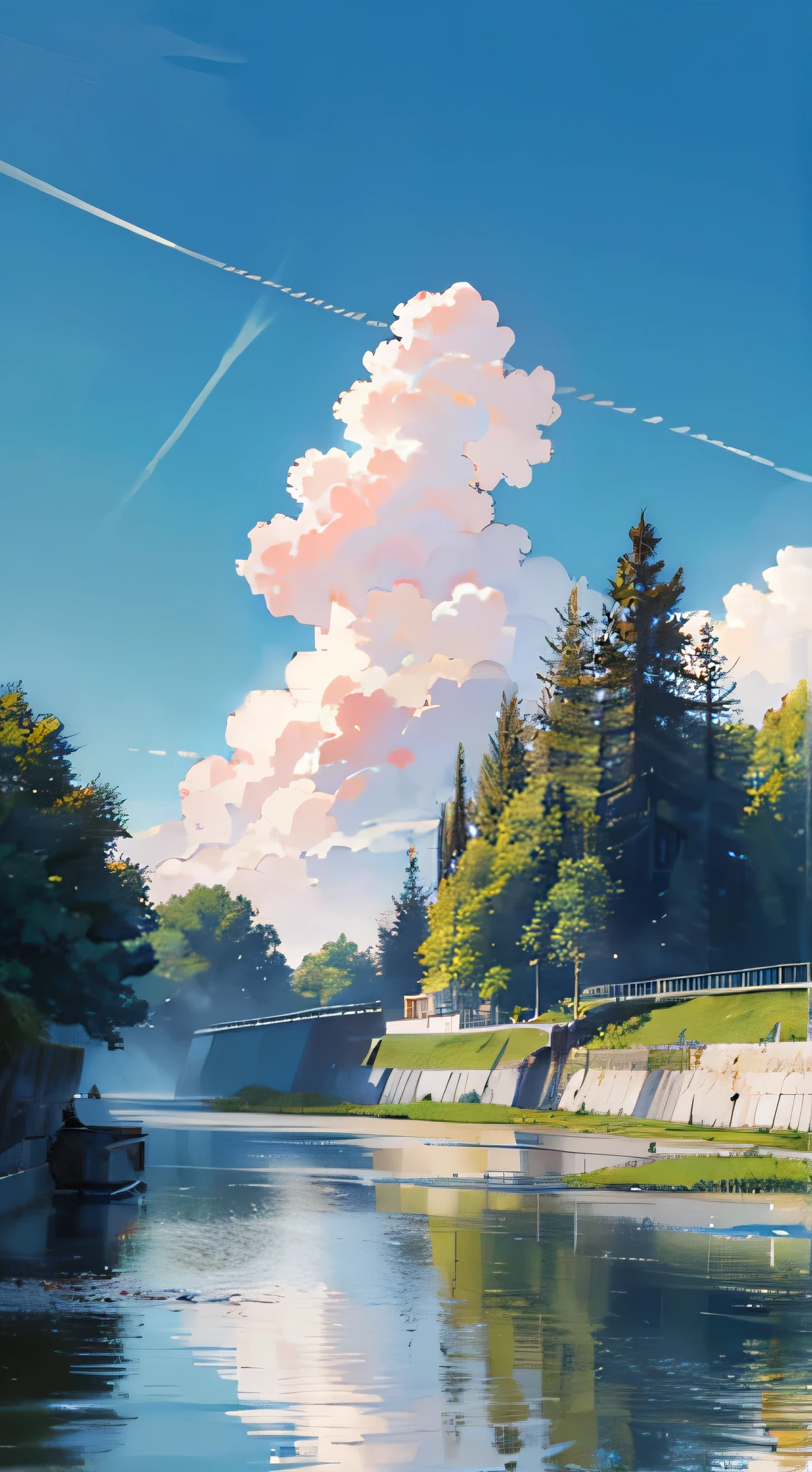 no humans, scenery, vanishing point, from below, masterpiece, best quality, 8k, absurdres, water surface, summer, noon, sunlight, blue sky, perspective, depth of field, highres, finely detail, ultra-detailed, sharp focus
