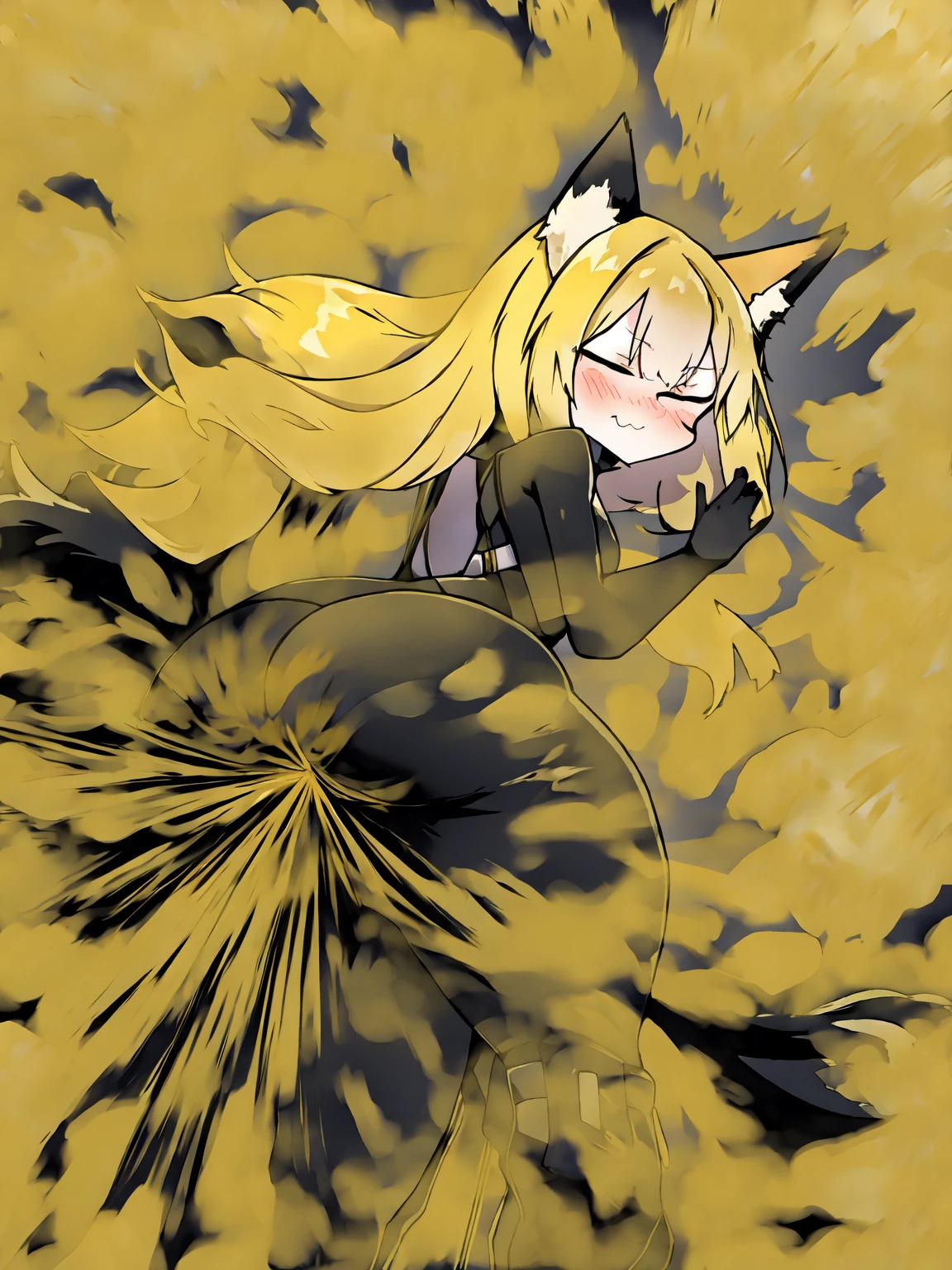 Cute golden fox girl farting(HUD’s two-dimensional face),wearing a black bodysuit,farting(yellow smoke),hold ass,normal