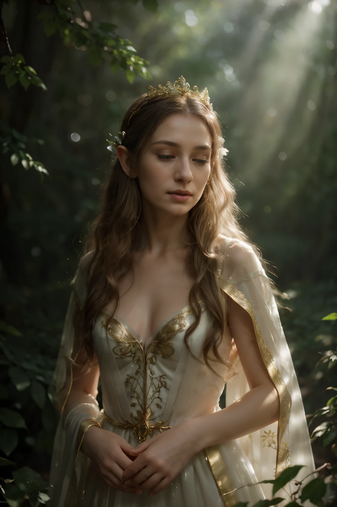 photoportrait, pretty 20-year-old elf girl, white cloth, Lord of the Rings movie, hyperrealistic, good texture, highly detailed, perfect lighting, perfect anatomy, UHD, 8K, vivid colors, seamless blending, dreamy atmosphere, enchanting expression, delicate features, ethereal beauty, sparkling eyes, flowing golden hair, elegant pose, magical background, mystical forest, soft sunlight filtering through leaves, subtle bokeh, ethereal glow, majestic crown, flowing gown, intricate embroidery, fantasy elements, captivating realism, impeccable craftsmanship, cinematic quality, stunning visual storytelling, mesmerizing composition, timeless elegance, enchanting and mesmerizing.