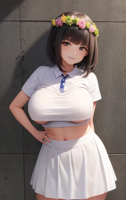 1 rapariga, White polo shirt, White sneakers, 
, white mini-skirt, (shiny skins, perspired:1.4), looking at viewert, with short black hair, A high resolution,(Bigchest:1.6),(Thigh thick:1.0),luring,Skysky，ultra - detailed，tmasterpiece，Best quality at best，Blushlush，Yazawa Nico,red eyes, face flushed,Blunt hair,On the ground, chubbiness，ssmile，both hands on hip，greet，Flower headdress