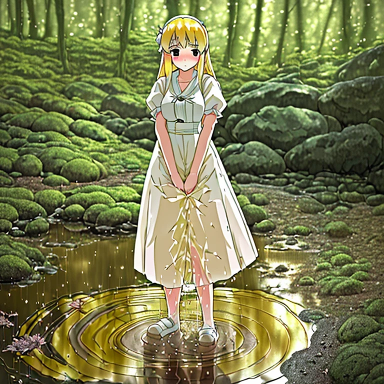 girl in white dress,Princess,blonde  hair,embarrassed from,to stand,Inner Stock,Pee,Wet clothes,foliages,in woods,natural soft light,Tachishoben,Futomo,hiquality,while standing,A small puddle at your feet,Emphasis on embarrassment