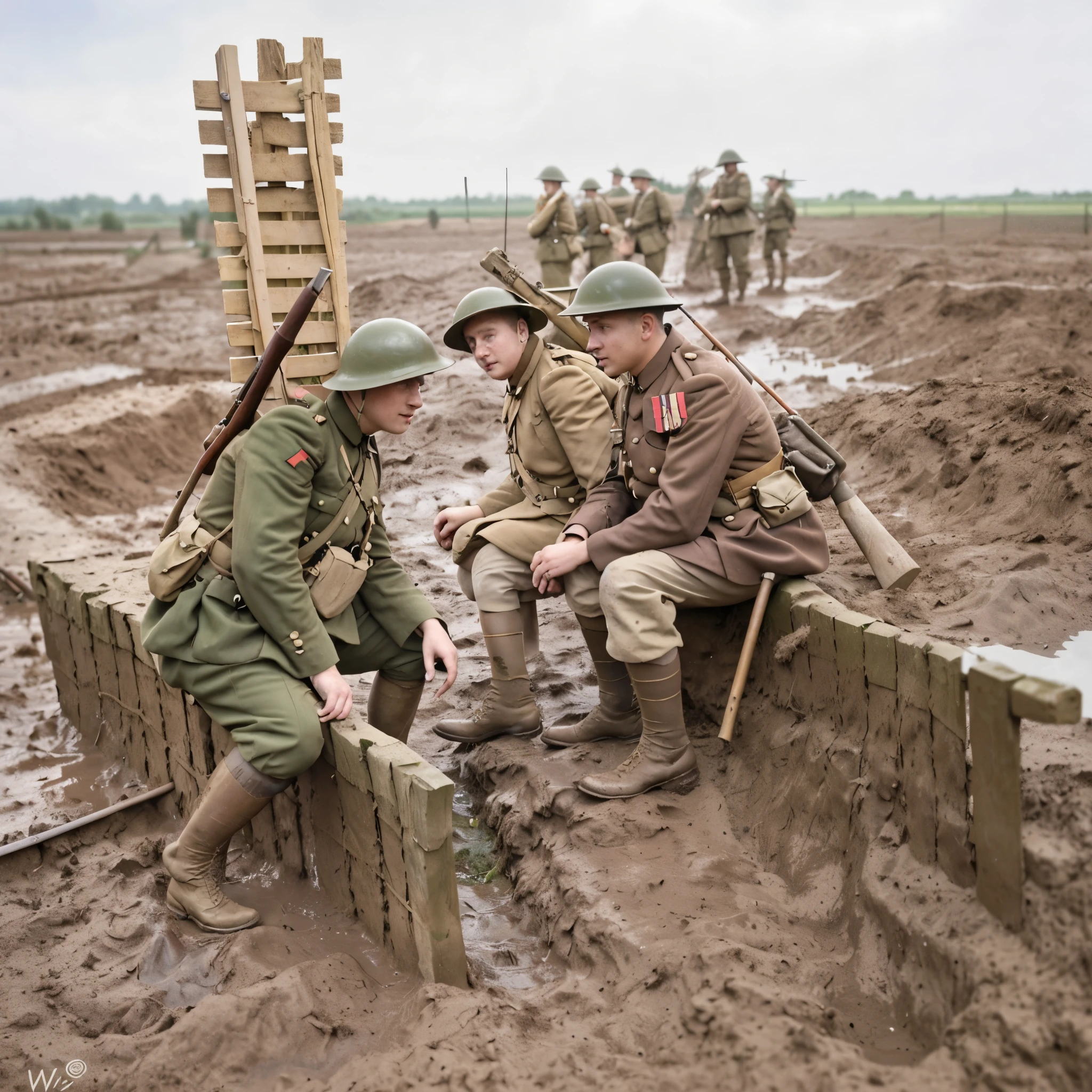 soldiers in uniforms are sitting on a fence in a muddy field, colourised, in trenches, trenches, colourized, ww1 trench, ww1 film photo, trench warfare, ww1 photo, looking partly to the left, trench sandbags in background, 1915, world war one, colorized, coloured photo, 1914