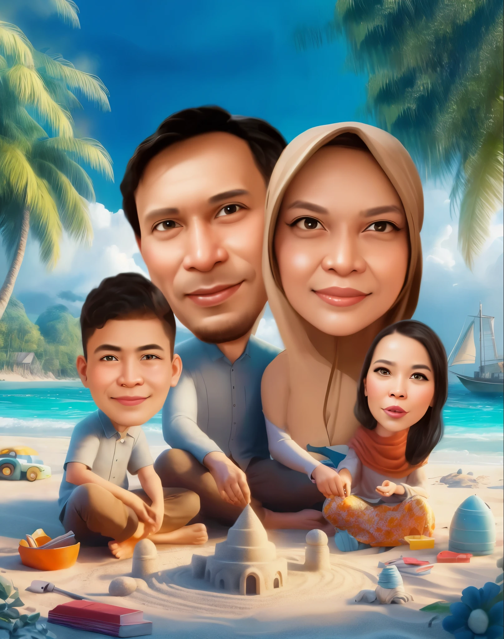arafed family on the beach with sand castle and toys, caricature illustration, an indonesian family portrait, Mother wears the hijab, everyone laughs happily, cheerfully, cinematic lighting, digital art cartoon, cartoon portrait, cartoon digital painting, in cartoon style, cartoon digital art, cartoon artstyle, digital cartoon painting art, happy family, cartoon art, family portrait, potrait, realistic cartoon, caricature style, cartoon art style, cartoon style illustration