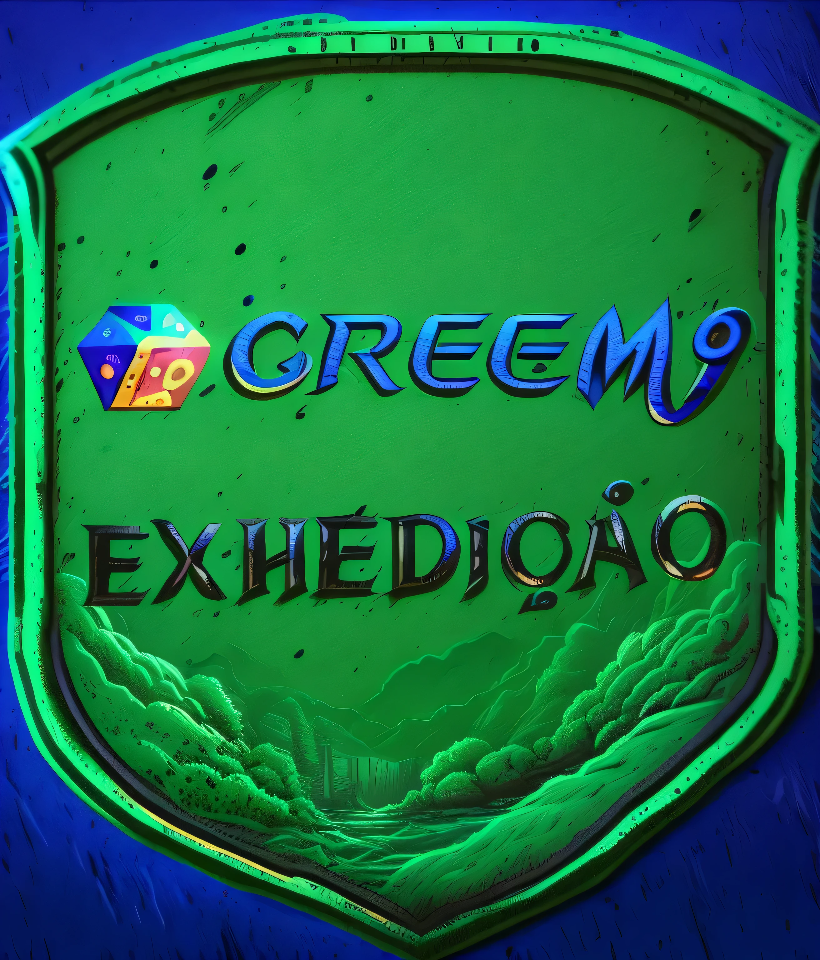 logo in the center written Expedicão 2nd shift, cor verde no meio, 3D Icon for mobile game, symmetrical artwork. Radiating cinematic and digital illustration