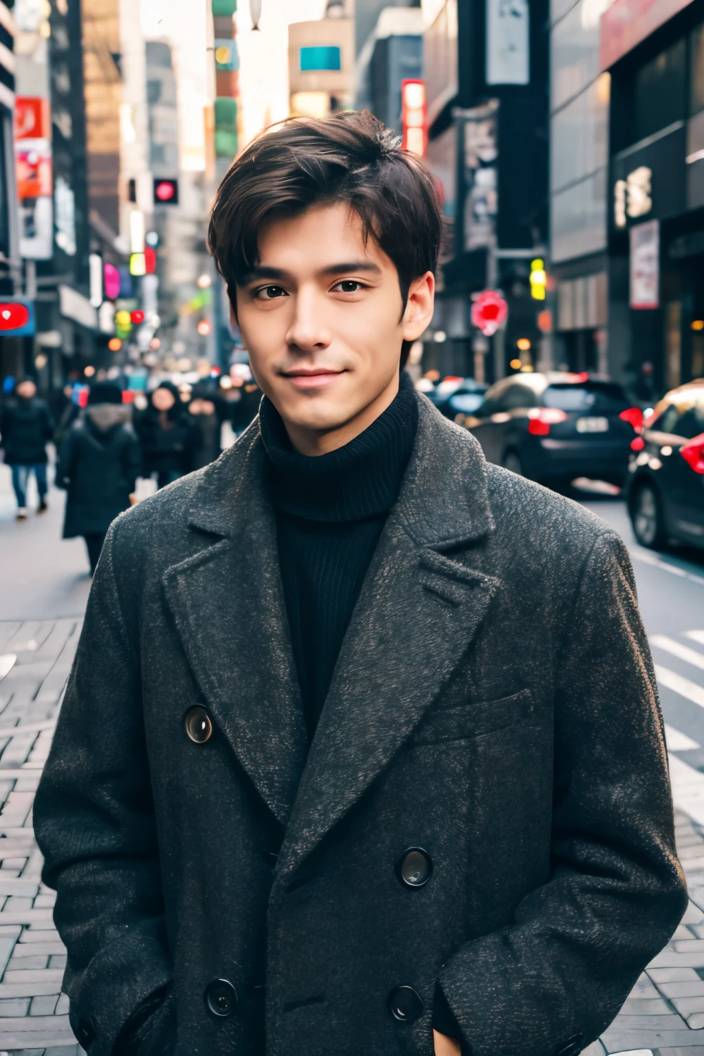 Photorealsitic, 8K full body portrait, a handsome, a 25-year-old man, A charming expression, detailed face details, TOKYOcty, Winters, Shibuya in the background