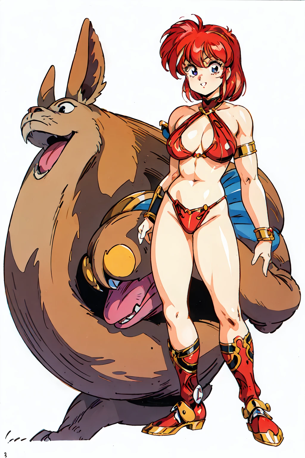 "(masterpiece:1.1), best quality, 
1girl, (traditional media 80s:1.4), (eyelashes:1.5), (li:1.2), 
(intricate high detailed body:1.2), 
(red hair:1.1), (bangs:1.1), (short hair, twin bun:1.1), (hair ornament:1.1), 
purple eyes, (red lip stick:1.2), 
(pale skin:1.2), (muscular body:1.1), (gigantic breasts:1.5), 
(grin:1.2), 
(bikini armor, criss-cross halter:1.2), (knight armor, armored boots:1.2), 
(streaked hair:1.2), bracelet, 
standing, (dynamic pose, action pose, eaning forward:1.2),
(full body, looking at viewer:1.1),
(simple white background:1.1)"