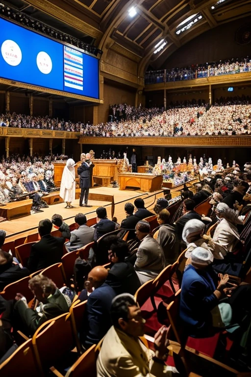 Assembly Image Prompt (Photorealistic, Lively & Energetic):
Composition:
• Central Focus: Governor General prominently seated on a raised platform at the back of the assembly, bathed in warm morning sunlight streaming through arched windows. His attentive expression and posture draw the eye.
• Foreground: Bustling activity fills the assembly floor. Figures in vibrant Shalwar Kameez and traditional attire debate animatedly, gesticulating with passion. Papers rustle, dust motes dance in the sunbeams. Ensure diversity in age, gender, and ethnicity amongst the crowd.
• Midground: Prominent members like politicians, religious leaders, and journalists engage in discussions at various points throughout the assembly. Include smaller groups huddled in conversation, adding further dynamism.
• Background: Stained-glass windows below the platform glow with vibrant hues, reminiscent of Mughal motifs, hinting at the importance of the proceedings.
Mood and Atmosphere:
• Capture the lively and energetic atmosphere of a political meeting. Use expressive body language, animated gestures, and contrasting emotions among the crowd.
• Play with depth of field to draw attention to the highlighted figures while suggesting the vastness of the assembly.
• Light and color: Emphasize the warm sunlight streaming through the windows, creating a sense of hope and optimism. Inject vibrant colors from the diverse attire, adding to the energy and vitality of the scene.