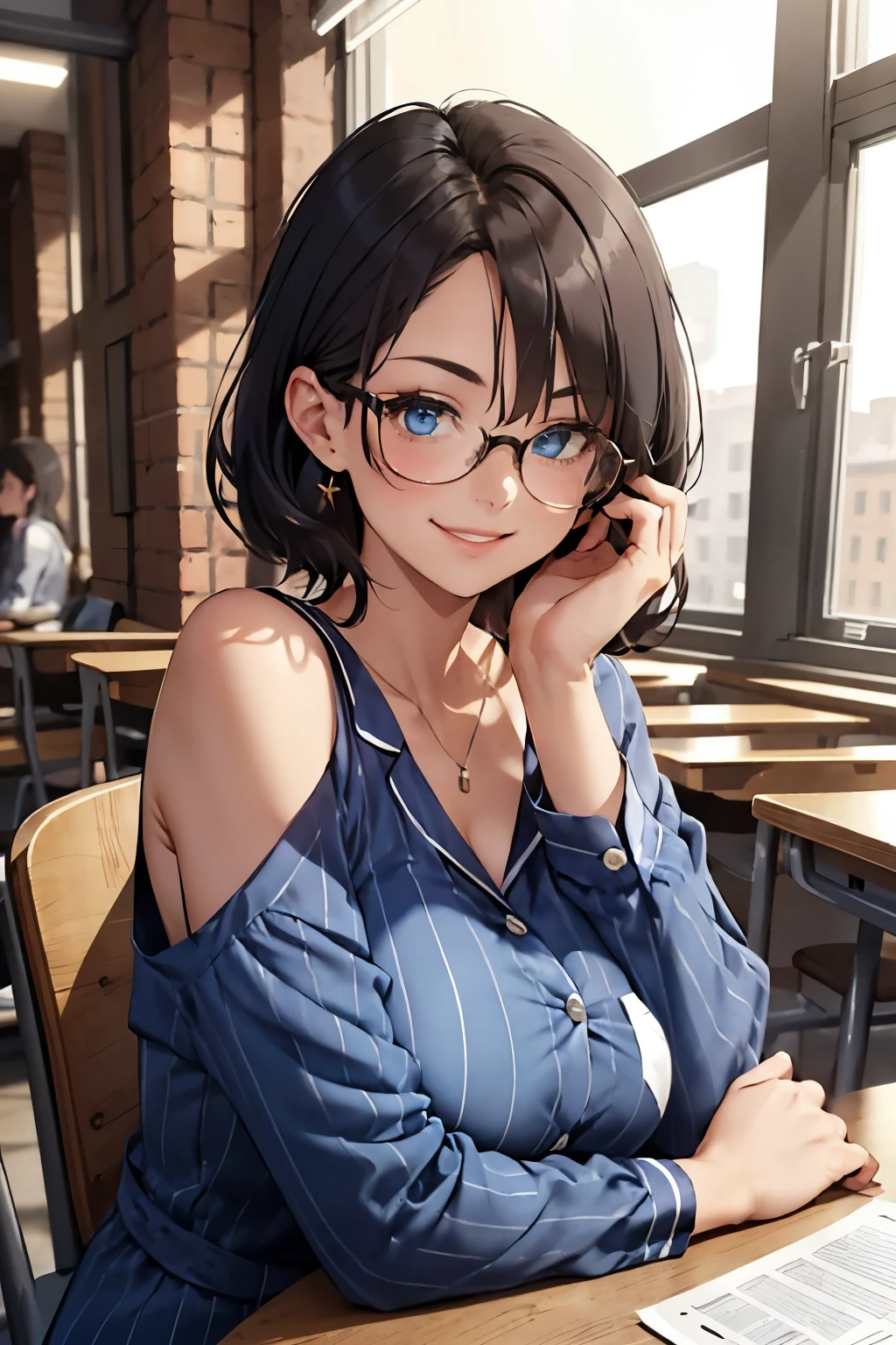 Anime girl with blue eyes sitting at a table in a restaurant - SeaArt AI