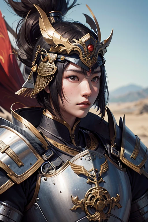 Portrait of japanese warrior with armor, men, high detail armor, two hands in front of the chest, close-up, blurry foreground, f/2.8, Hasselblad, 35mm, masterpiece, UHD
