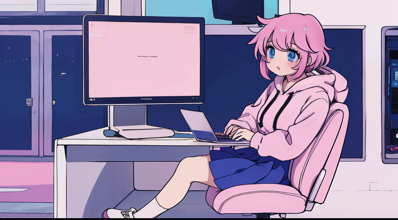 Chica anime, Cabello rosado corto, flequillo, sudadera con capucha rosa, falda azul, Legwear negro, gargantilla, zapatos blancos, dentro, using a laptop, looking at the laptop, escritorio, Sentado en una silla,