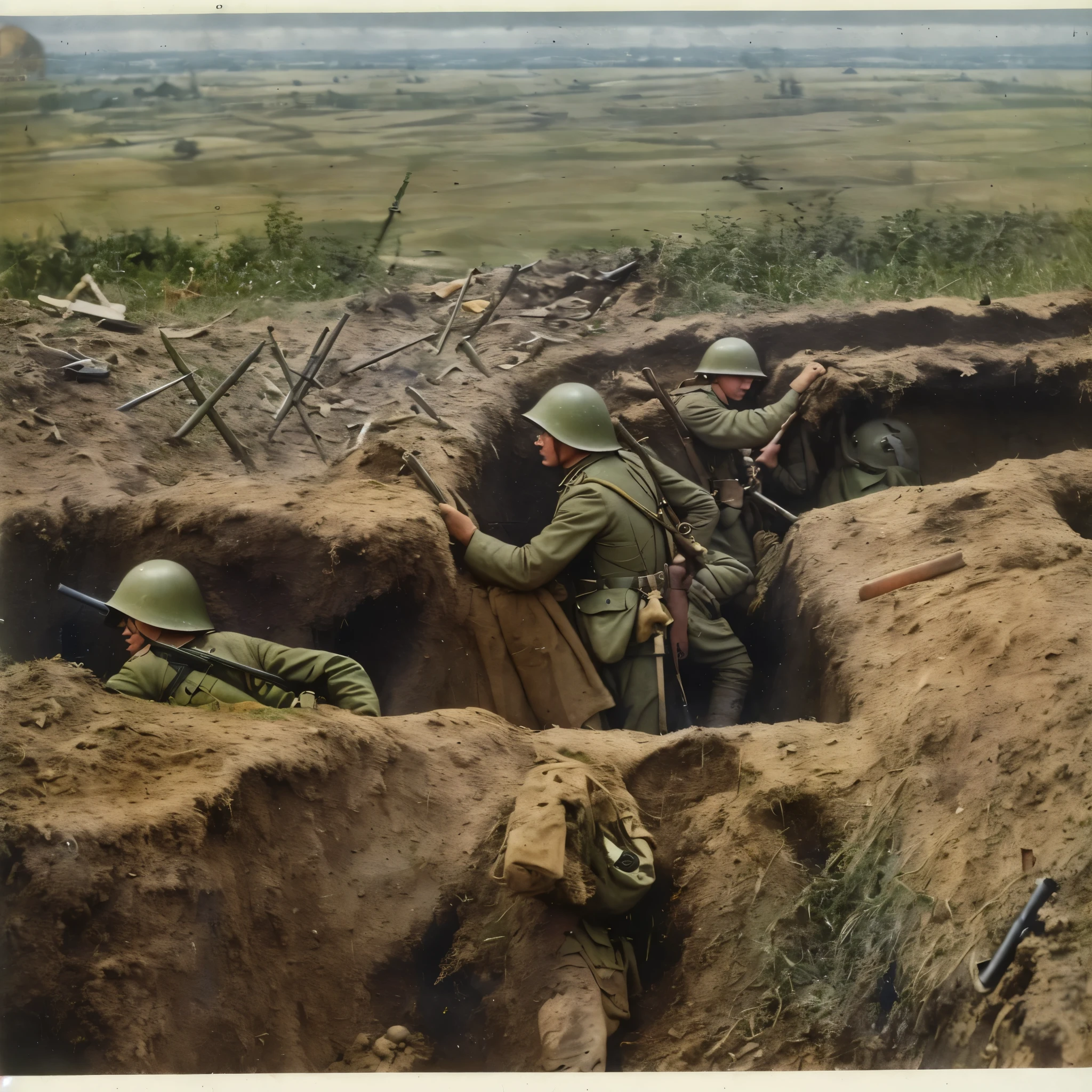 soldiers in trench with rifles and helmets on a hill, ww1 trench, in trenches, trenches, ww1 photo, world war one, trench warfare, wwi, ww 1, ww1, fight ww 1, world war 1, first world war, ww1 film photo, taken on a ww 1 camera, the great war, trenches bombs, battlefield scene