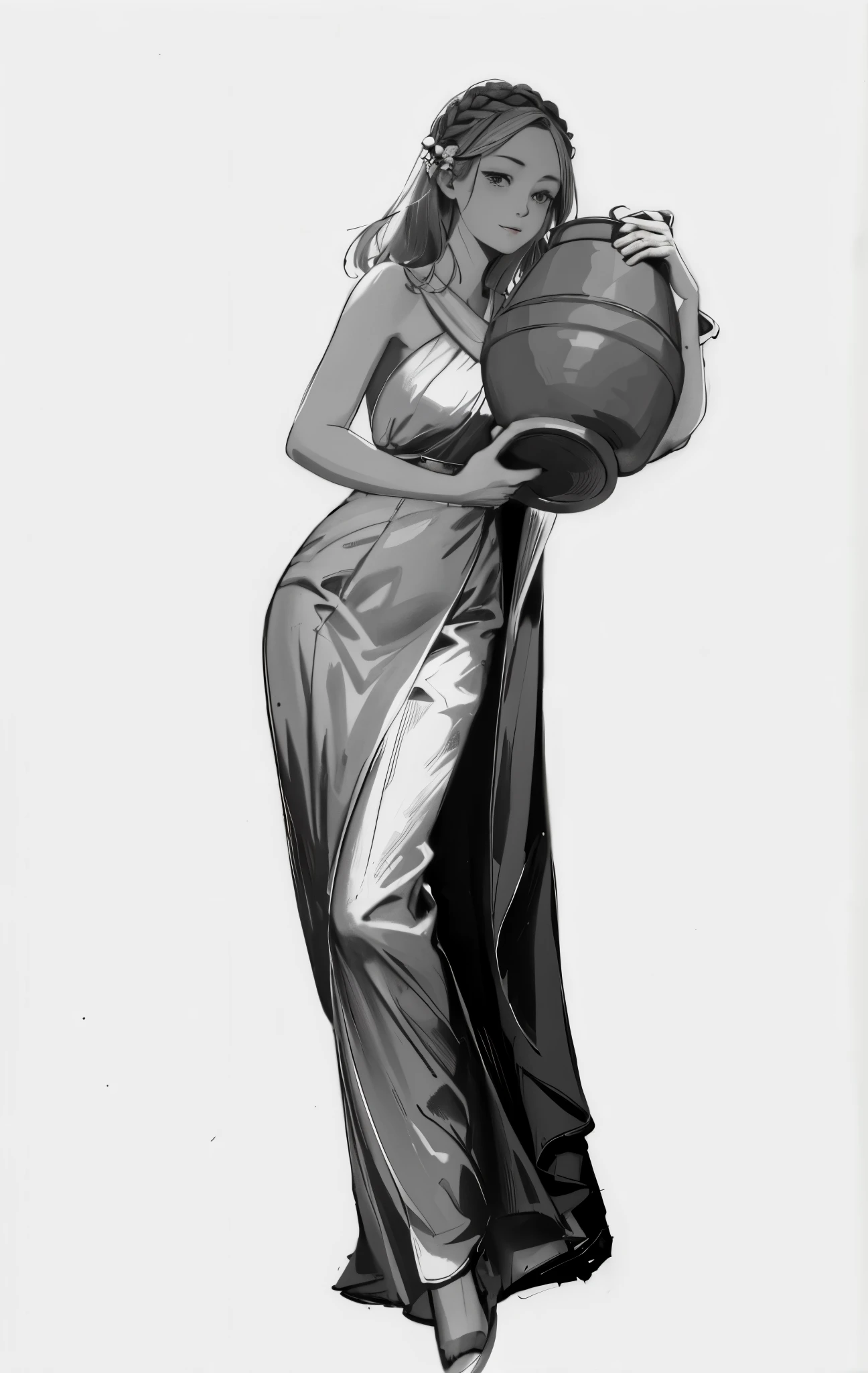 Detail face, line drawing, monochrome, line drawing girl, holding water pot, wearing the greek long plain dress, white hair, white background,