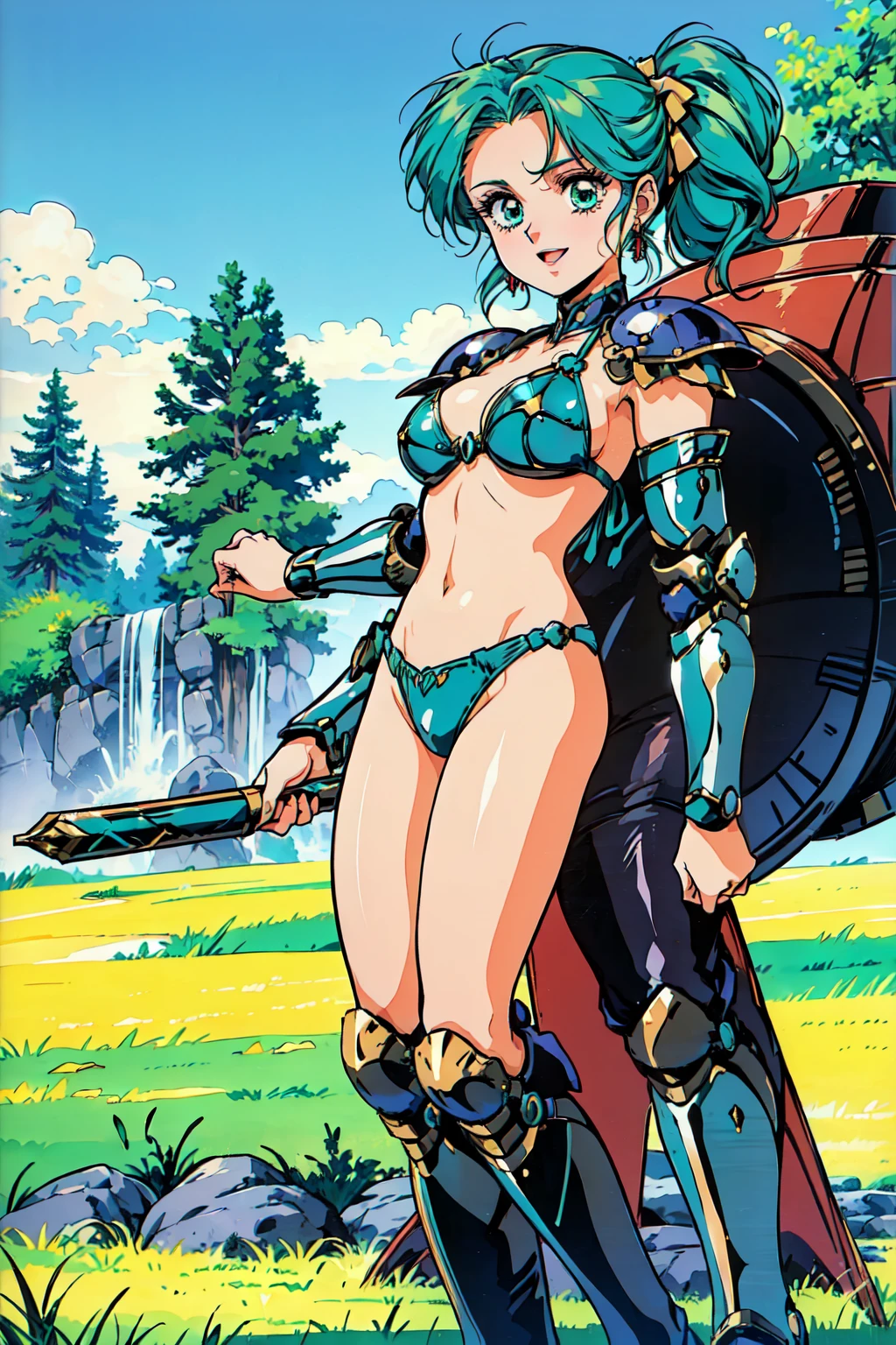 "(masterpiece:1.1), best quality, 
1girl, (traditional media 80s:1.4), (eyelashes:1.5), (loli:1.2), 
(intricate high detailed body:1.2), 
(aqua hair:1.1), (bangs:1.1), (twintails, drill hair:1.2), (flower brooch, hair ornament:1.1), 
brown eyes, 
(slim body:1.1), (gigantic breasts:1.5), 
(happy, smile:1.2), blush, open mouth, 
(bikini armor, garter belt:1.2), (knight armor, armored boots:1.2), 
(frill:1.1), (earrings:1.1), neckwear, 
standing, (dynamic pose, action pose, leaning forward:1.2),
(upper body, cowboy shot, looking at viewer:1.1),
(daytime, mountain road, outdoors:1.1)"