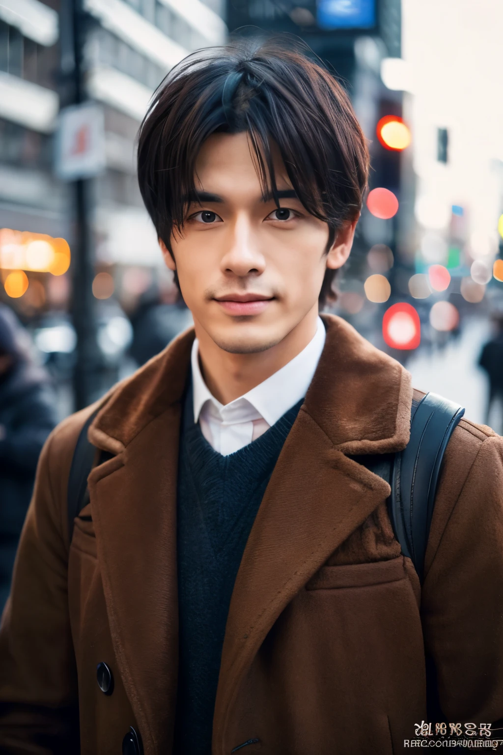 Photorealsitic, 8K full body portrait, a handsome, a 25-year-old man, A charming expression, detailed face details, TOKYOcty, Winters, Shibuya in the background