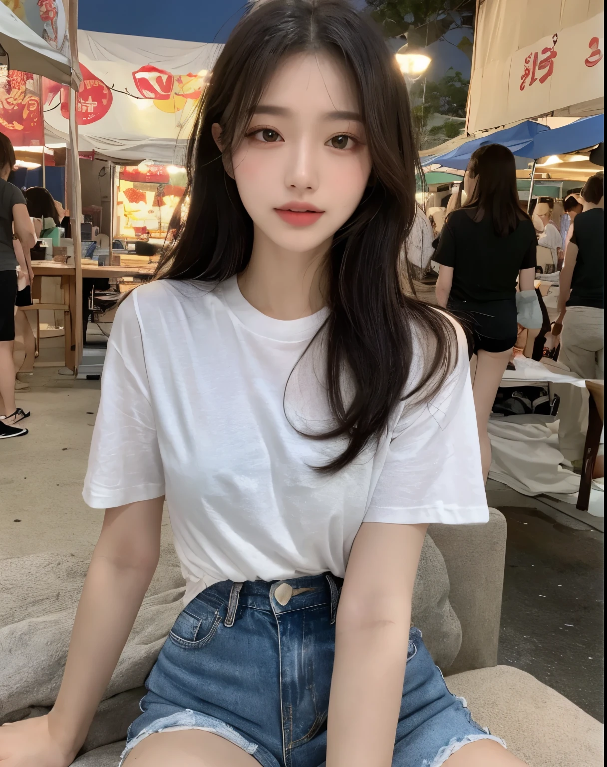 (Masterpiece, best resolution: 1.2), (brown eyes), seduction, smile, long hair, small breast, high-definition facial features, 8K, double eyelids, delicate facial feature, natural body, ((((wearing t-shirt and short pants))), (((night market))), (sitting on the bench)
