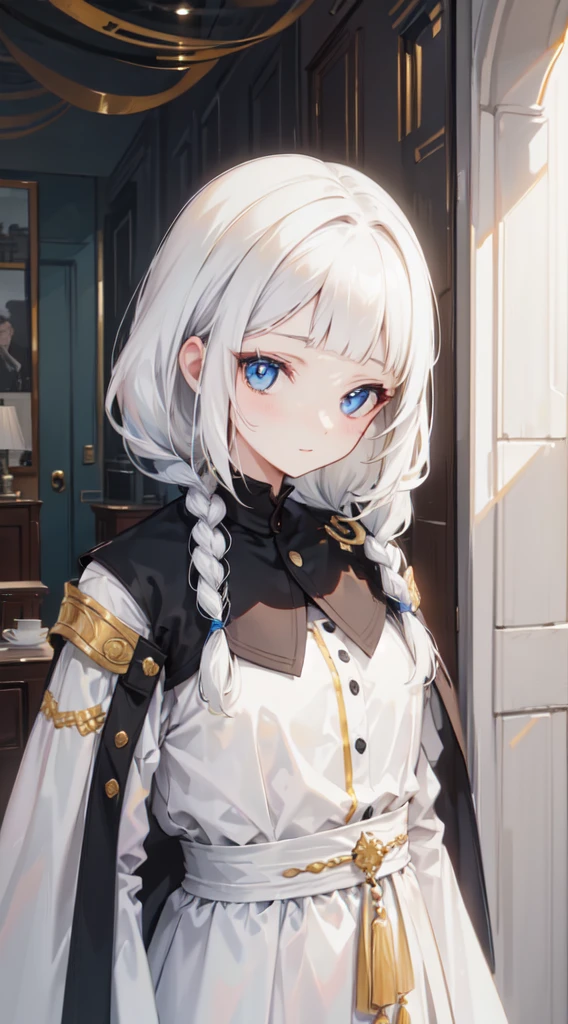 ((thawb)), braid, ((short bangs:1.4)), (white hair), (best quality:1.3), (highres1.3), (clear1.3), (8k:1.3), masterpiece, (detailed:1.1), 1girl, beautiful detailed eyes, beautiful detailed lips, extremely detailed eyes and face, long eyelashes,, blue eyes, shy smile, perfect proportion, face close up,