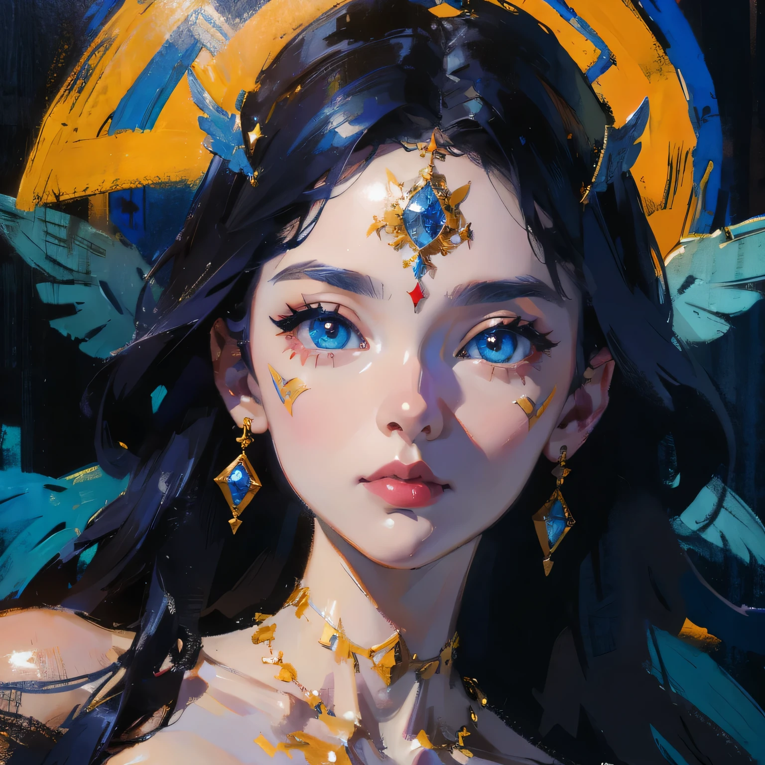 (best qualtiy,ultra - detailed,Most Best Illustration,Best shadow,tmasterpiece,A high resolution,professionalartwork,famousartwork),Sky blue picture style,Detailed eyes,beautidful eyes,closeup cleavage,sci-fy,colored sclera,Robot eyes,face markings,Tattooed with,(fractalized,Fractal eyes),largeeyes,Wide eyes,(Eye focus),sface focus,Cosmic eyes,Space eyes,Close-up of metal sculpture of a woman with a moon in her hair,goddes。extremly high detail,3 d goddess portrait,Extremely detailed footage of the goddess,a stunning portrait of a goddess,Side image of the goddess,portrait of a beautiful goddess,Full body close-up portrait of the goddess,hecate goddess,portrait of a norse moon goddess,goddess of space and time,PureErosFace_V1,Urzang-6500-V1 version.1,