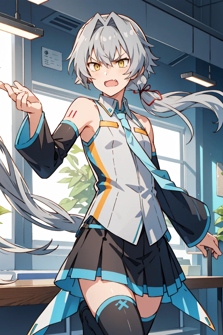 kizaki ren\(side-m\), solo, looking at viewer, 1girl, long hair, looking at viewer, bangs, yellow eyes, twintails, grey hair, female focus, detached sleeves, skirt, Hatsune miku, fang, thighhighs, angry, blush, bare shoulders