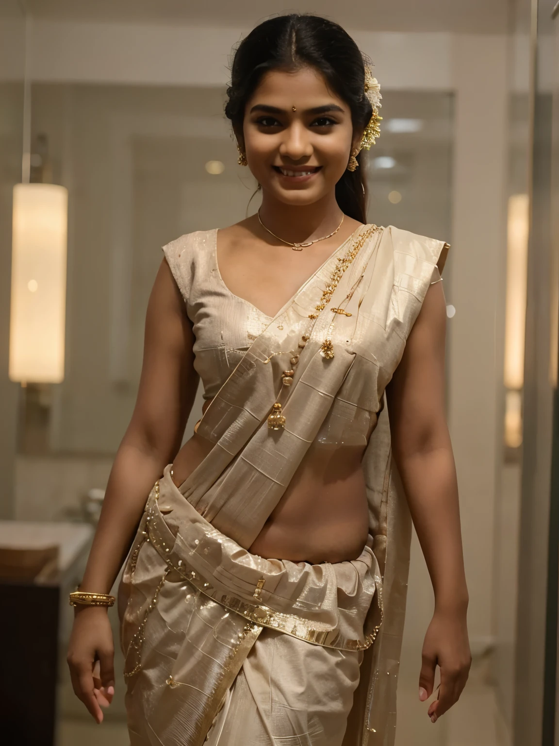 1cute confident young indian girl dancing in a saree, smiling, candid photo, height 160 centimetres, petite build, fair skin, average hair length of 60 centimetres, photorealistic, detailed eyes, highly detailed, 8k, high contrast, detailed skin texture, ultra-detailed