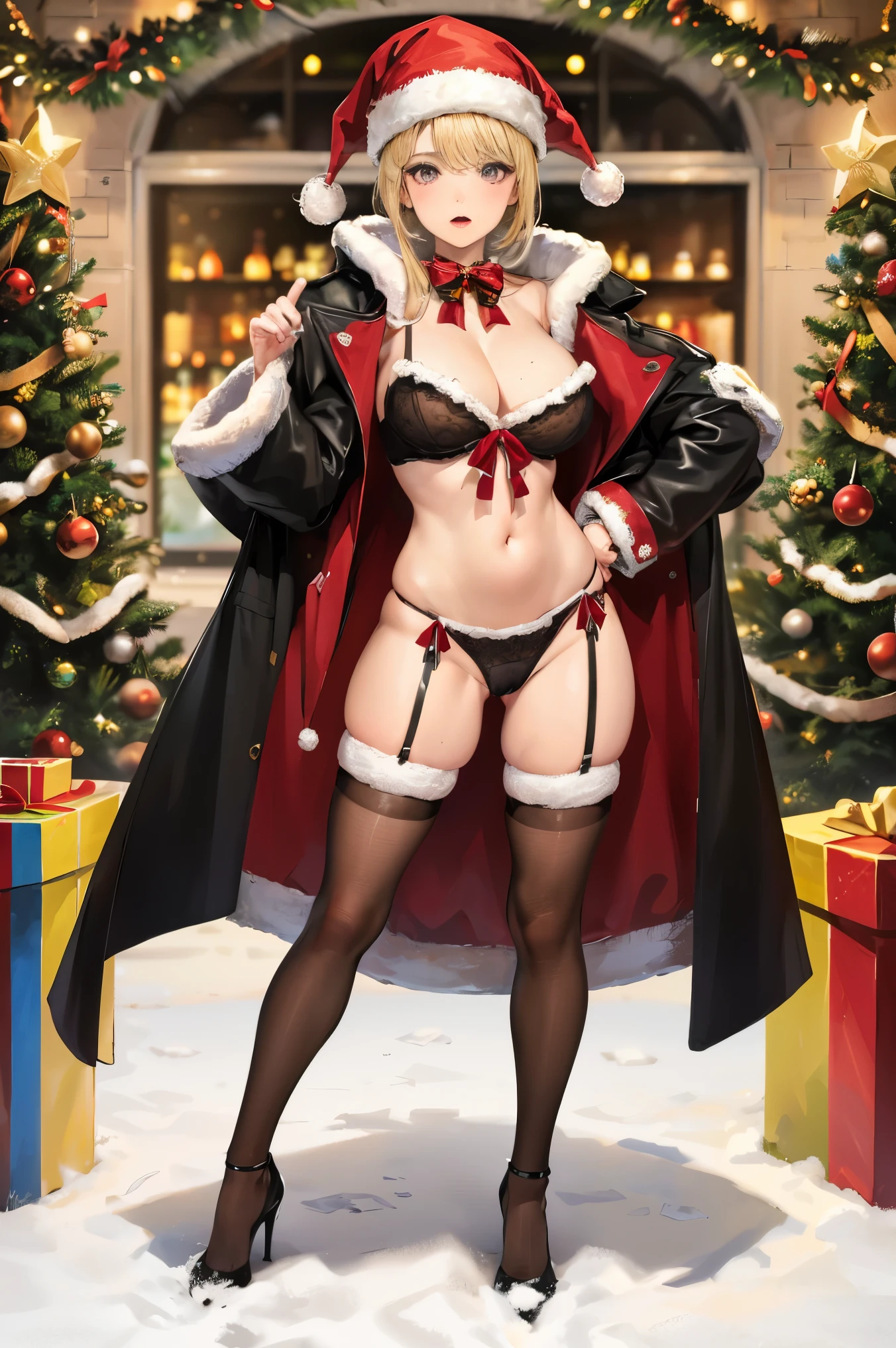 mujer rubia , pelo largo rubio , rubia , cuerpo completo , grandes tetas, gran trasero, voluptuoso, piernas abiertas , pose sexy , escote , Christmas hat , Christmas Clothes, nieve , christmas lingerie, christmas coat , christmas stockings , christmas heels