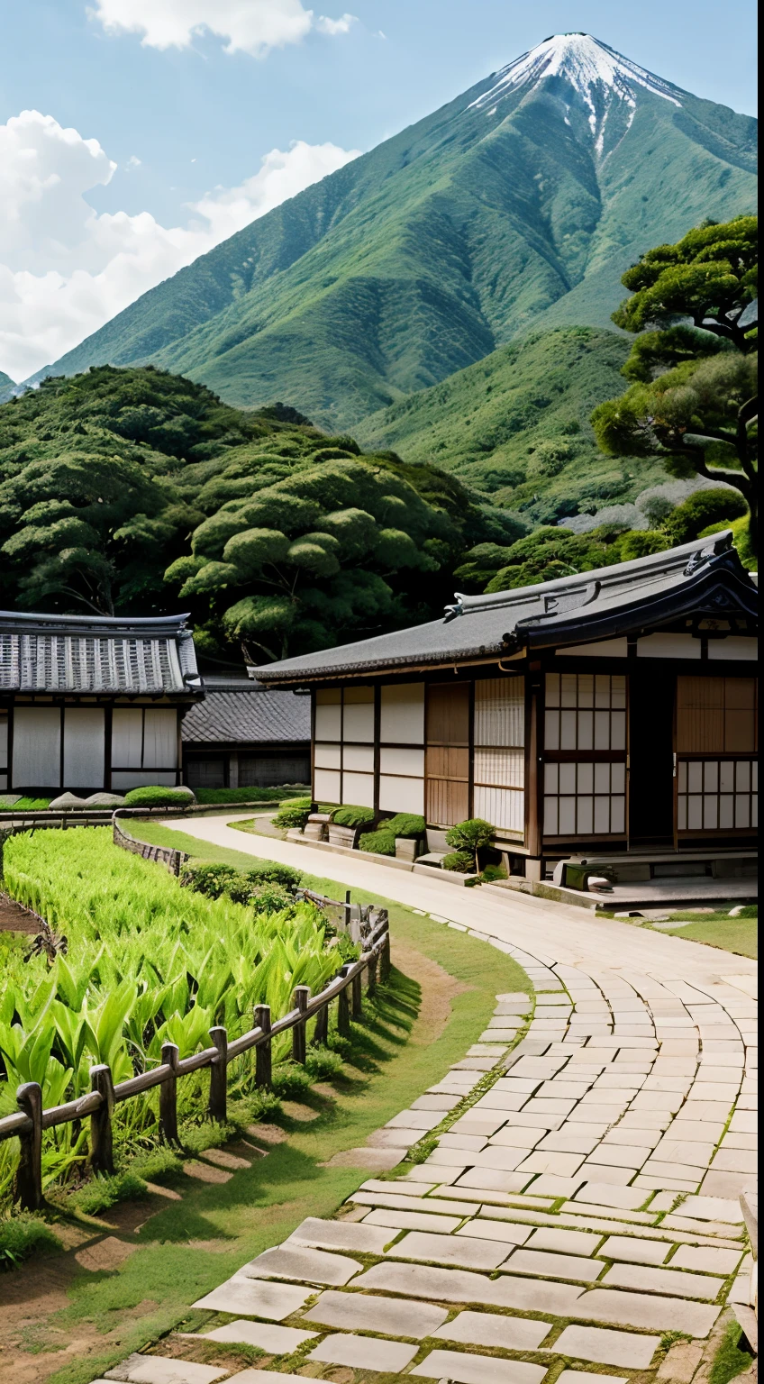 Japanese farmers's village 1700 , with clássic cherish three, no human, no people in the picture,
