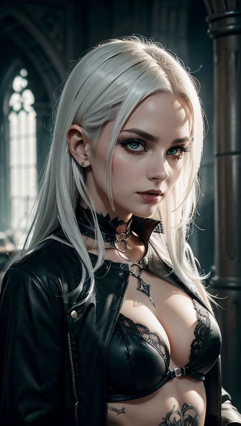 a woman with white hair and tattoos wearing a black bra top, dark fantasy style art, gothic fantasy art, dark fantasy art, beautiful vampire queen, beautiful vampire female queen, beautiful elegant demon queen, fantasy dark art, vampire girl, in style of dark fantasy art, dark fantasy horror art, female vampire, seductive cyberpunk dark fantasy, dark fantasy mixed with realism