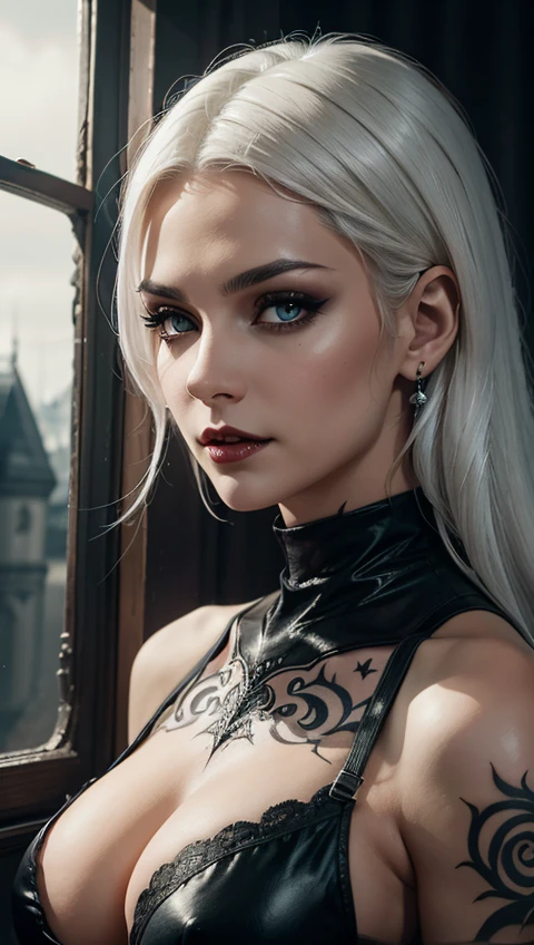 a woman with white hair and tattoos wearing a black bra top, dark fantasy style art, gothic fantasy art, dark fantasy art, beautiful vampire queen, beautiful vampire female queen, beautiful elegant demon queen, fantasy dark art, vampire girl, in style of dark fantasy art, dark fantasy horror art, female vampire, seductive cyberpunk dark fantasy, dark fantasy mixed with realism