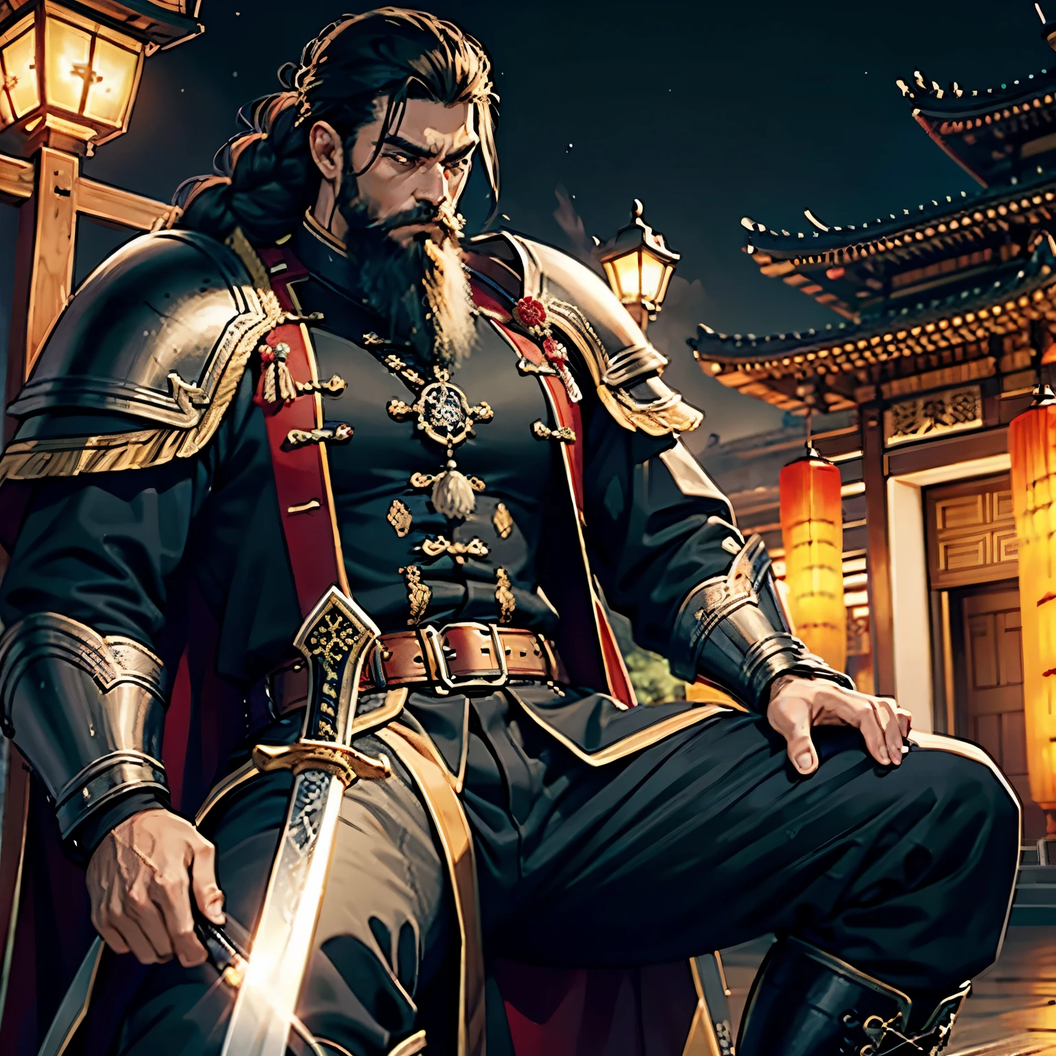 close-up all over the body，robust，8k，A high resolution，tmasterpiece，HighestQuali，level illustration，1 man，Close-up of men，Brawny，Hard Beijing style，Iron helmet，armour，big beard，黑ig beard，Fierce，Fierce eyes，Chinese background，China-style，Chinese general，binh，Fierce eyelack-long-braid，Braided style，Combat boots，mink coat，large sword，large sword阔斧，lean on weapon，crossedlegs，Entrenched，staring at the audience，smokes，Heavily armoured，strong