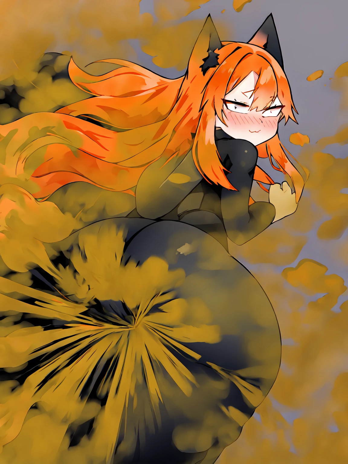 Cute orange fox girl farting(HUD’s two-dimensional face),wearing a black bodysuit,farting(yellow smoke),hold ass,normal