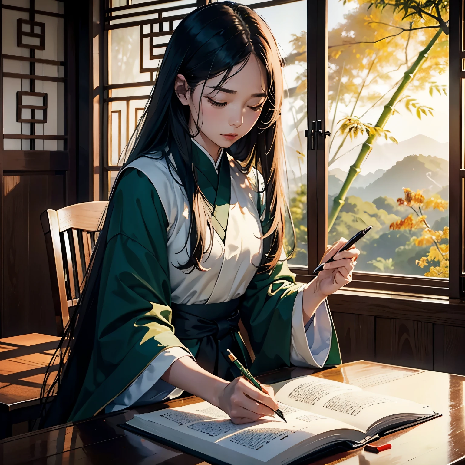 robust,8k,A high resolution,tmasterpiece,HighestQuali,level illustration,The beautiful,Glamorouemele,woman,Literati inker,elegant,autumn wind,Long dark green hair,Long hair and waist,White and black robes,longer sleeves,Ink pen,quill,Picture,Holding the bamboo slip,eye closeds,closing her eyes,Solemn,Study desk,Study desk案台,Approval,Review,Chinese background,solemn,families,Everyone's style,elegance,Bamboo forest house