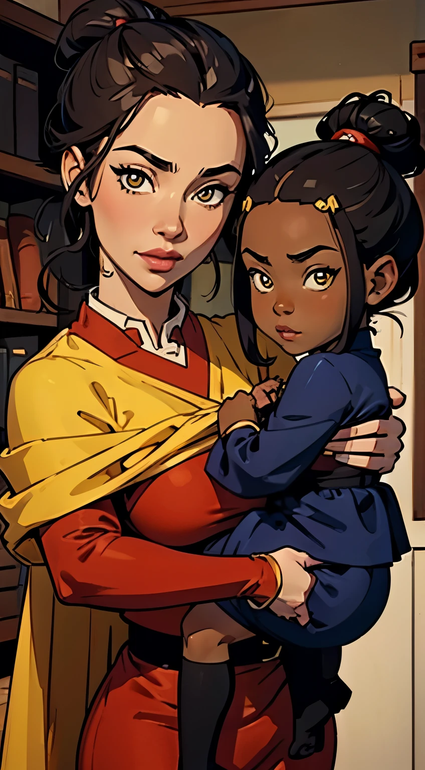 Family picture, mother and daughters,(((dark skin, daughters))),((white skin,mother)),[azula], [(Avatar_the_Last_Airbender)], ((masterpiece:1.4)), ((high res:1.4)), ((High definition)), ((detailed shading)), ((anime girl)), {attractive; (black hair), (hair bun), (beautiful yellow pupils), (smile), curvaceous hips, beautiful lips, the mother has red clothes, mother has white skin, daughters have dark skin, daughters have blue clothes