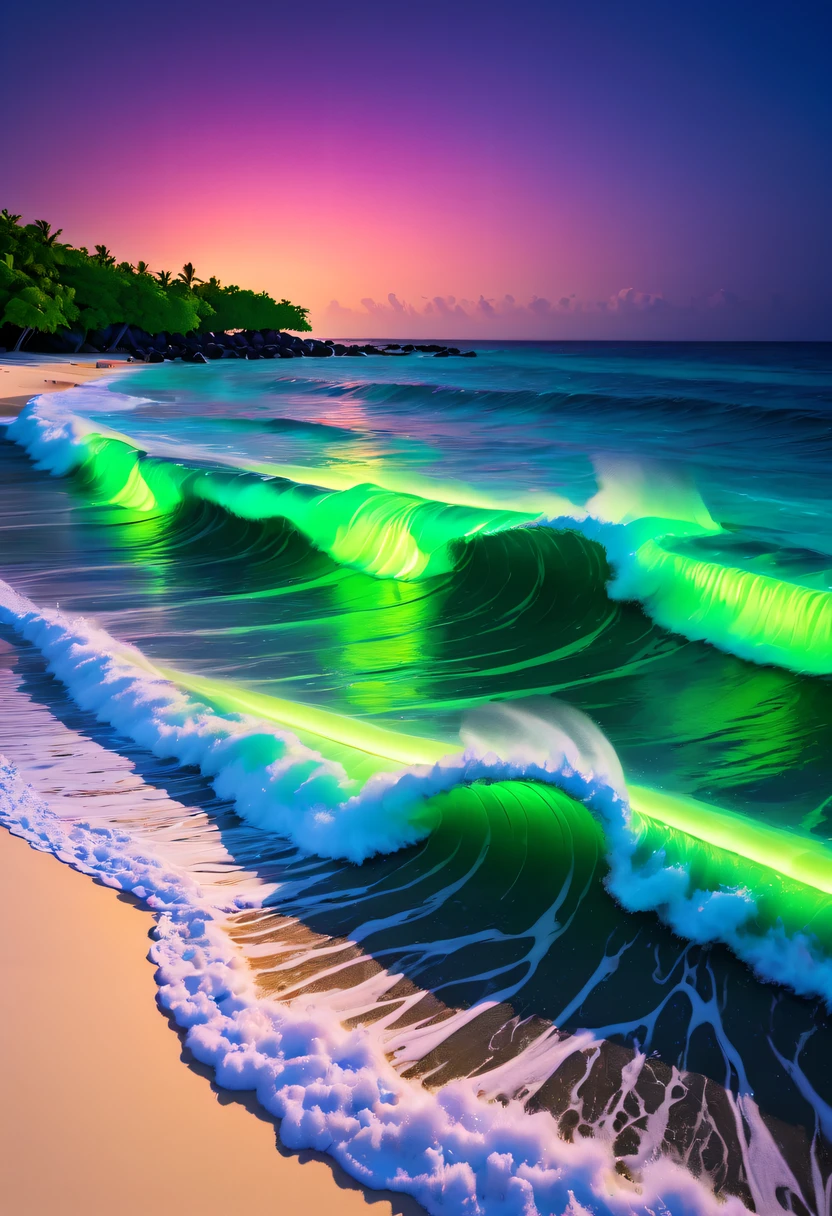 natta，The waves are surging，The sea breeze blowluorescent beaches reveal stunning ocean views，There will be blue light on the waves，Very mysterious and beautiful。Glowing waves，Night light appears on the waves，Natural phenomena，Biofluorescence，Various microorganisms become light sources，Emits a steady shimmer，Show all kinds of light，From light green to bright green to fiery red，Nduru Island even has deep purple and orange fluorescent beaches, Maldives，