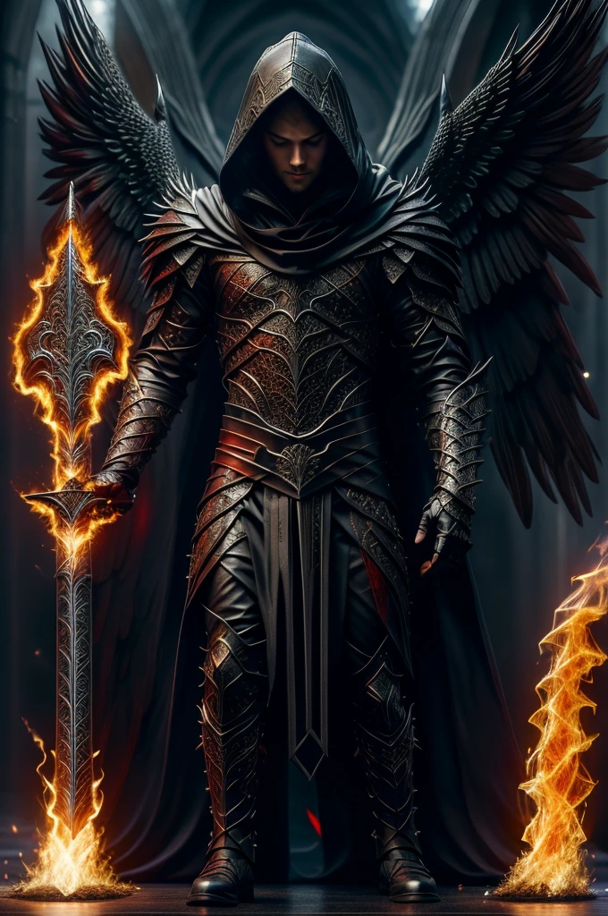 fallen bleeding faceless angel wearing a hood with a huge flaming sword and huge black wings kneeling standing on the abyss of death hell