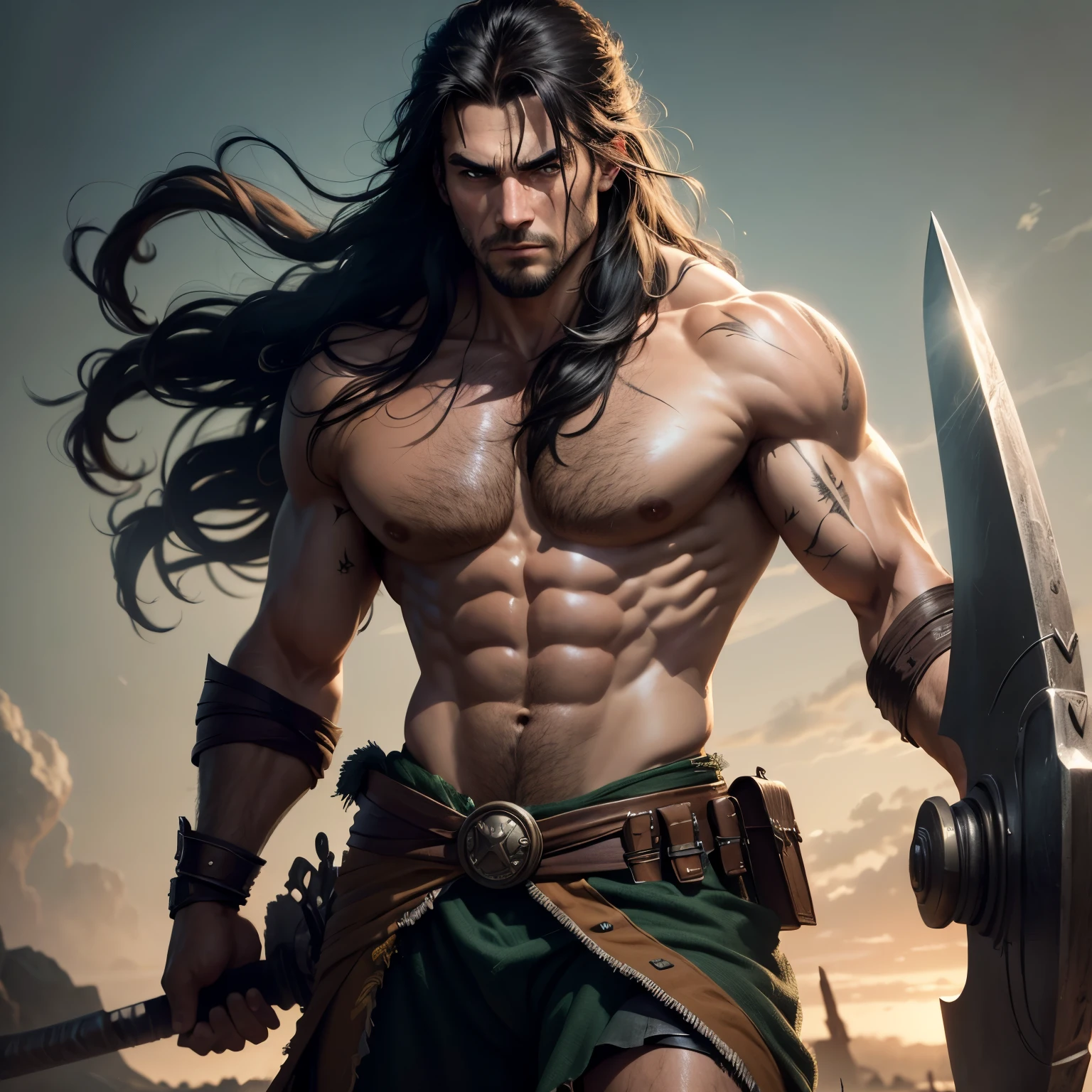(highres, high quality:1.1), cinematic lighting, extremely detailed, 1man, mature man, solo focus, barbarian,
Serious,
Holding a battle axe,
Black hair, long hair, green eyes, no facial hair, shirtless, scar on face,
Battlefield,