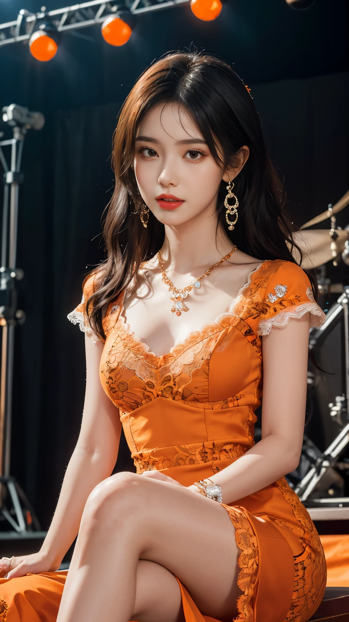8k, masterpiece, 1 girl, beautiful face, white skin, very long hair, light makeup, detailed eyes, detailed lips, small breasts tight, realistic detailed, very detailed dress, princess dress, (orange dress:1.4), (wearing jewellery:1.5), (lace:1.4), ((stage background)), sitting,