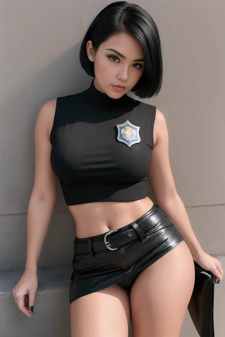 25 year old woman with short undercut blackred hair dressed in a skimpy sleeveless black police officer cropped blouse with leather miniskirt, cleavage, wearing a pistol on her belt. Blue eyes with eye liner. Neutral background