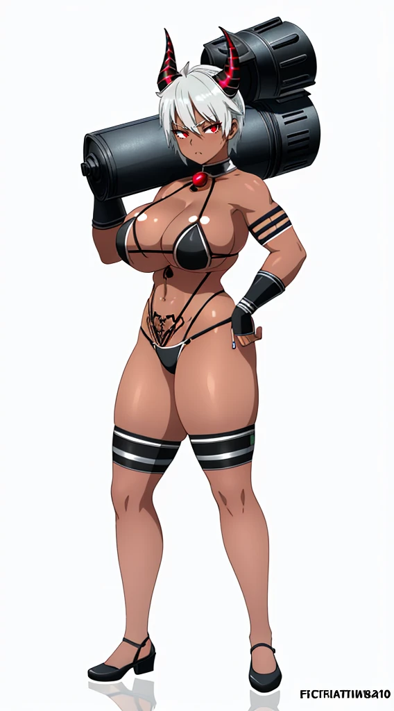 helga, dark-skinned female, short hair, silver hair, bikini, horns, red eyes, shorts, huge breasts, no wings, muscular female, thick thighs, thick arms, tomboy,full body tatto,, no tail,fertility tatto, breeding tatto,smug, holding axe, reflection light, blending, bloom, god rays, ray tracing, Fujicolor, drop shadow, Gothic art, anime, Ghibli-like colours, anime style, UHD, retina, masterpiece, ccurate, anatomically correct, textured skin, super detail, high details, high quality, award winning, best quality, highres, 1080P, HD, 4K, 8k, 16k,