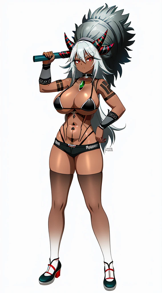 helga, dark-skinned female, short hair, silver hair, bikini, horns, red eyes, shorts, huge breasts, no wings, muscular female, thick thighs, thick arms, tomboy,full  body tatto,, no tail,fertility tatto, breeding tatto,smug, holding axe, reflection light, blending, bloom, god rays, ray tracing, Fujicolor, drop shadow, Gothic art, anime, Ghibli-like colours, anime style, UHD, retina, masterpiece, ccurate, anatomically correct, textured skin, super detail, high details, high quality, award winning, best quality, highres, 1080P, HD, 4K, 8k, 16k,