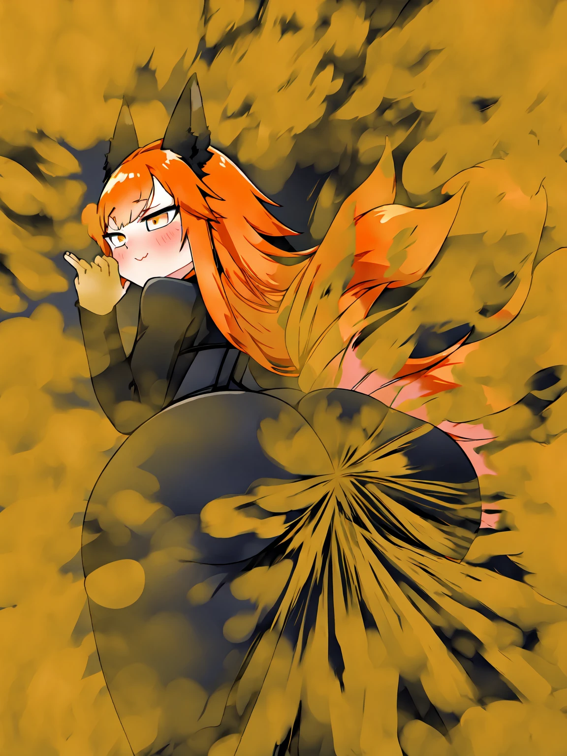 Cute orange fox girl farting（HUD’s two-dimensional face）,wearing a black bodysuit，farting(yellow smoke)，hold ass，normal