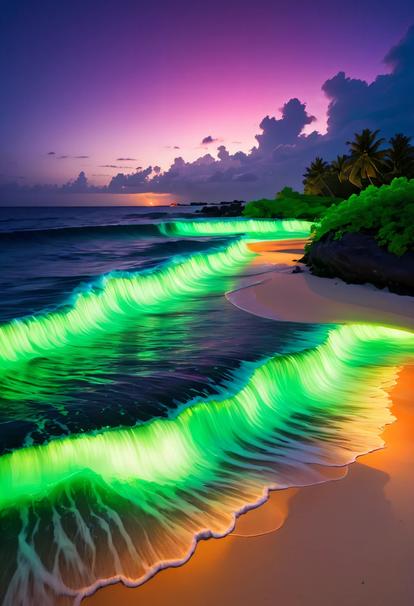 natta，surging in the waves，The sea breeze blowluorescent beaches reveal stunning ocean views，There will be blue light on the waves，Very mysterious and beautiful。Glowing waves，Night light appears on the waves，Natural phenomena，Biofluorescence，Various microorganisms become light sources，Emits a steady shimmer，Show all kinds of light，From light green to bright green to fiery red，Nduru Island even has deep purple and orange fluorescent beaches, Maldives，