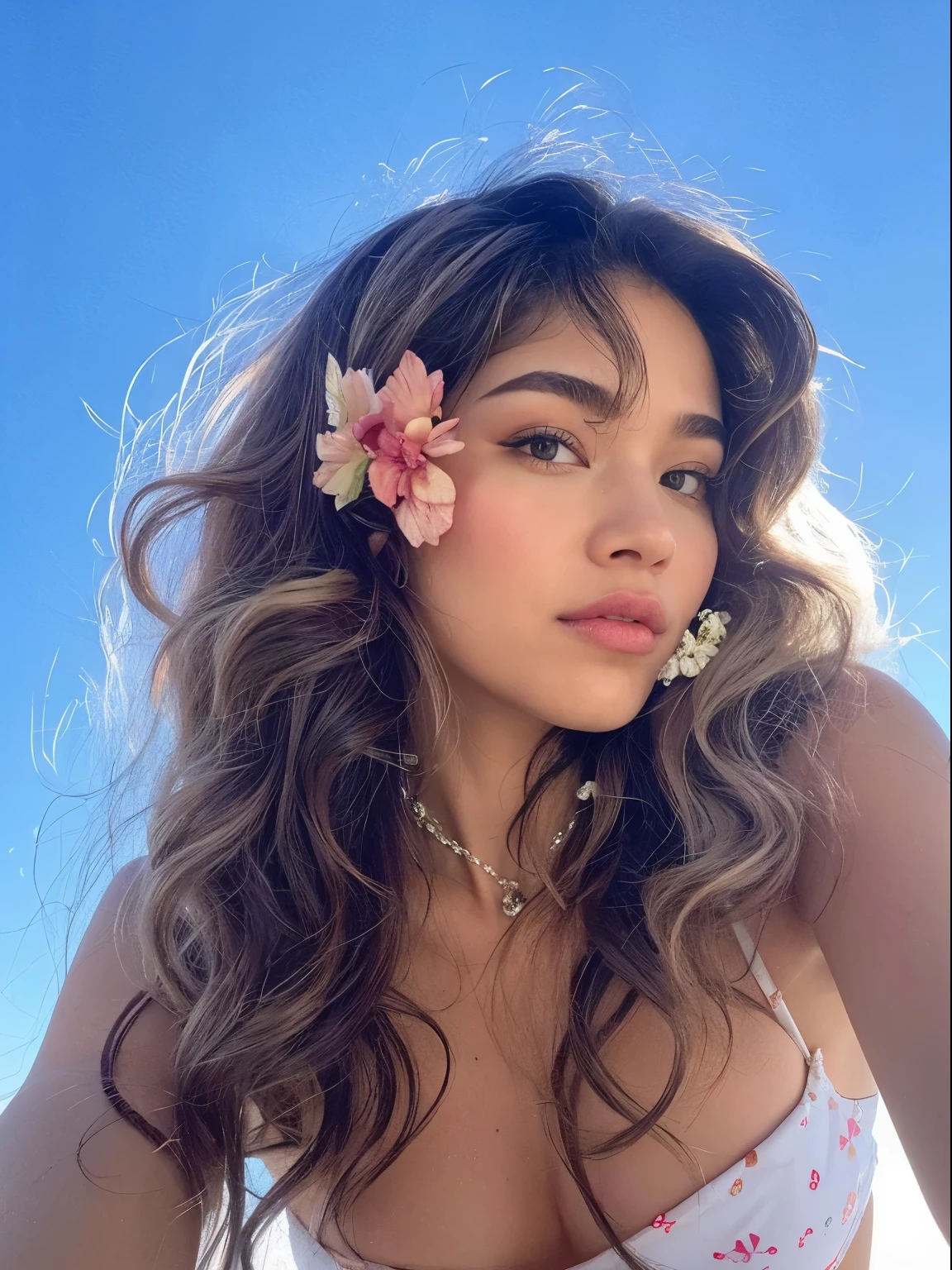 mulher com uma flor no cabelo posando para uma foto, Pokimane, Cerveja Madison, Cerveja Madison girl portrait, soft devil queen Cerveja Madison, Isabela Moner, Zendaya, com longos cabelos cacheados, portrait of Zendaya, Retrato Sophie Mudd, cabelos ondulados espalhados, cynthwave, com flores, franja encaracolado, Foto de perfil