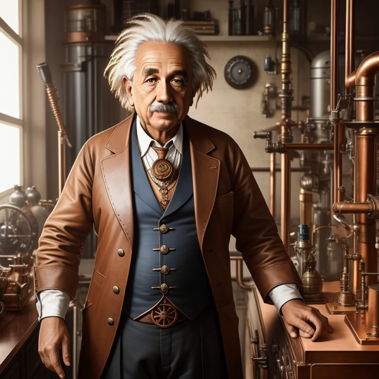 albert einstein no estilo steampunk, em um laboratorio de pesquisa com equipamentos, copper parts, rebites