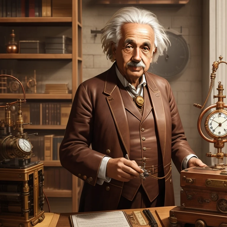 albert einstein no estilo steampunk, em um laboratorio de pesquisa com equipamentos, copper parts, rebites
