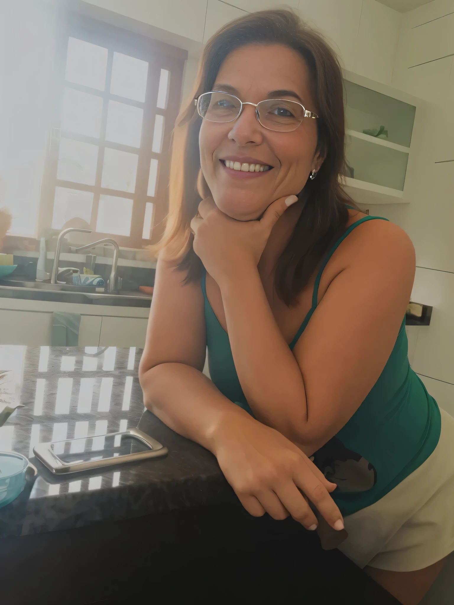 smiling woman leaning on a counter with her hand on her chin, na mesa da cozinha, happily smiling at the camera.