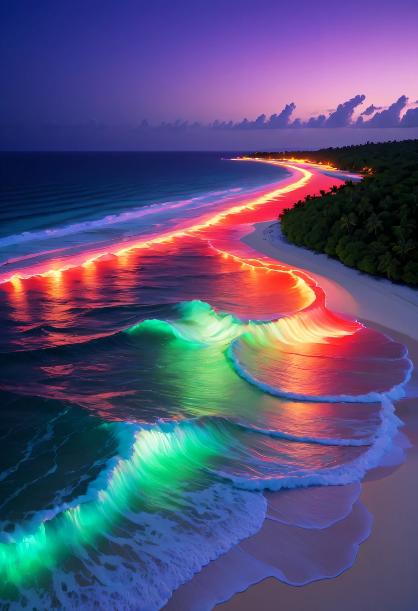 natta，surging in the waves、when the sea breeze blowluorescent beaches easily unfold magnificent sea views，There will be blue light on the waves，Very mysterious and beautiful。Glowing waves，Night light appears on the waves，Natural phenomena，Biofluorescence，Various microorganisms become light sources，Emits a steady shimmer，Show all kinds of light，From light green to bright green to fiery red，Nduru Island even has deep purple and orange fluorescent beaches, Maldives，