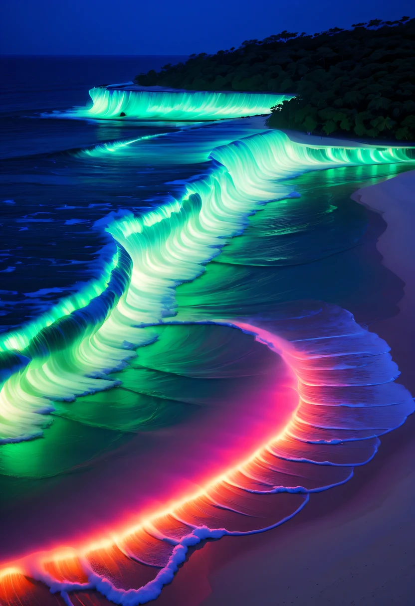 natta,surging in the waves、when the sea breeze blowluorescent beaches easily unfold magnificent sea views,There will be blue light on the waves,Very mysterious and beautiful。Glowing waves,Night light appears on the waves,Natural phenomena,Biofluorescence,Various microorganisms become light sources,Emits a steady shimmer,Show all kinds of light,From light green to bright green to fiery red,Nduru Island even has deep purple and orange fluorescent beaches, Maldives,