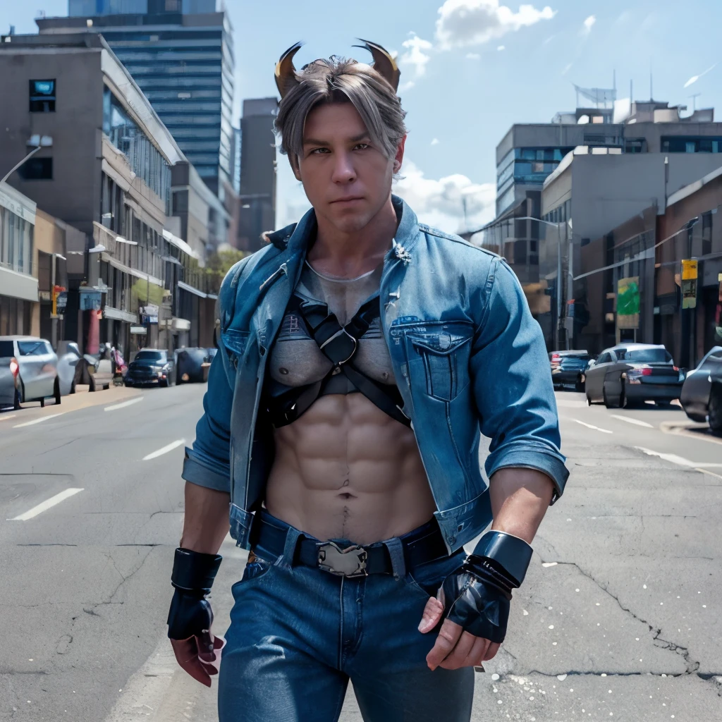 Solo ((male very muscular werepig renamon)) with ((short white swept-back hair)) and ((clear blue-grey eyes)) wearing ((denim jacket and pants)), (white undershirt), (utility belt), (ammo bandolier with pouches),(black fingerless gloves). Background is of a (city, day time), huge muscles, massive package pants bulge