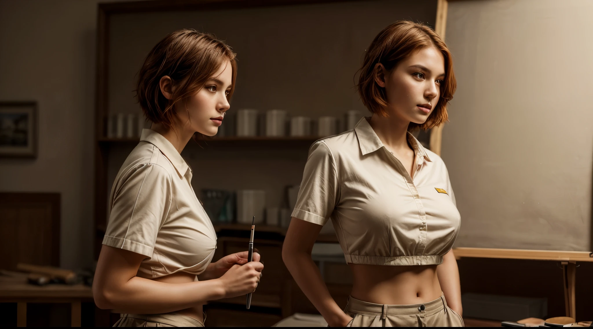 (masterpiece), (realistic: 1.3), finely detailed, fine, Rembrandt lighting, (masterpiece: 1.2), (photorealistic: 1.2), (best quality), (detailed skin: 1.3), (intricate details), dramatic, ray tracing, sweet girl, European appearance, cute oval face, 25 years old, short red hair, green eyes, pale skin, thin, huge tits, wide hips, pores on the skin, moles, in a work uniform, side view, standing behind a drawing board, 8k uhd, dslr, soft-lighting, hiquality, film grains, Fujifilm XT3
